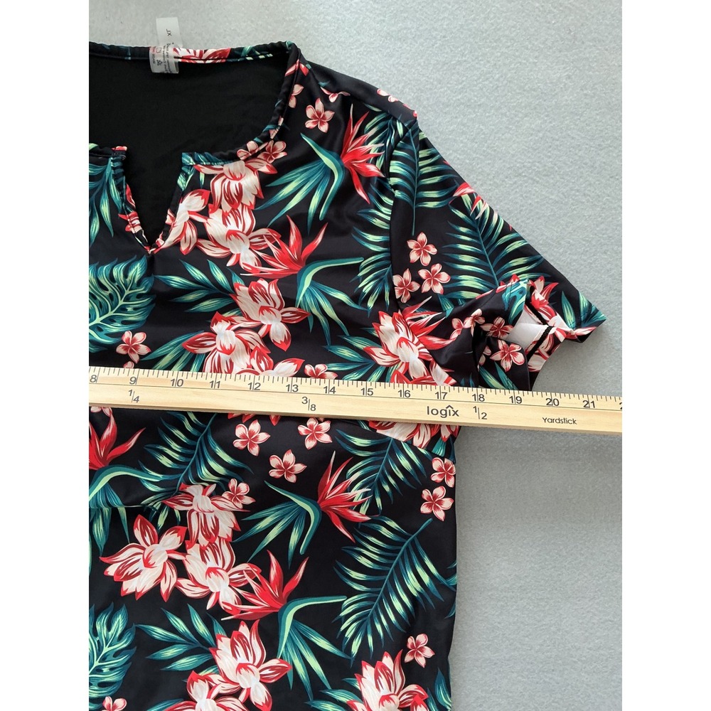 Unbranded Tropical Floral Rash Guard Swim Top XL Built-in Shelf Bra Blk Hibiscus - Picture 5 of 6